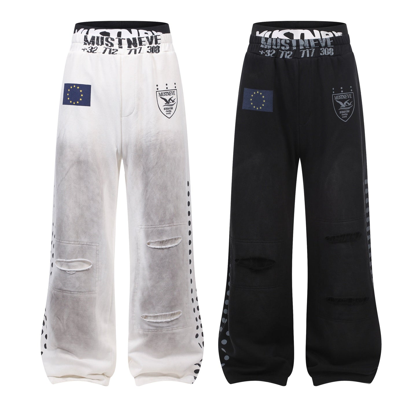 CapCabin “Distressed Sport Wide-Leg Pants”