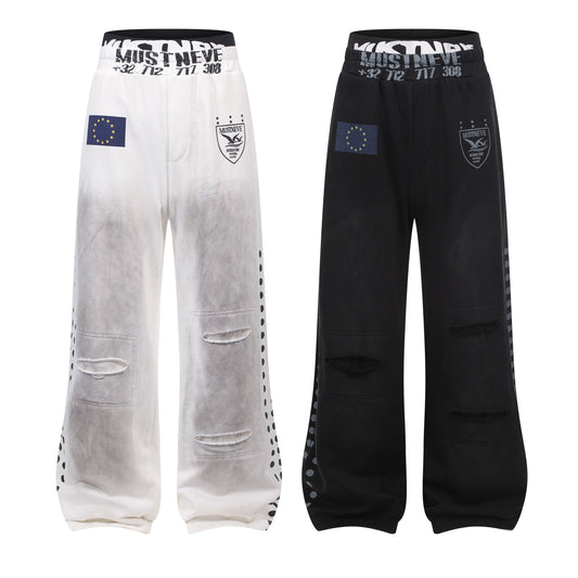 CapCabin “Distressed Sport Wide-Leg Pants”