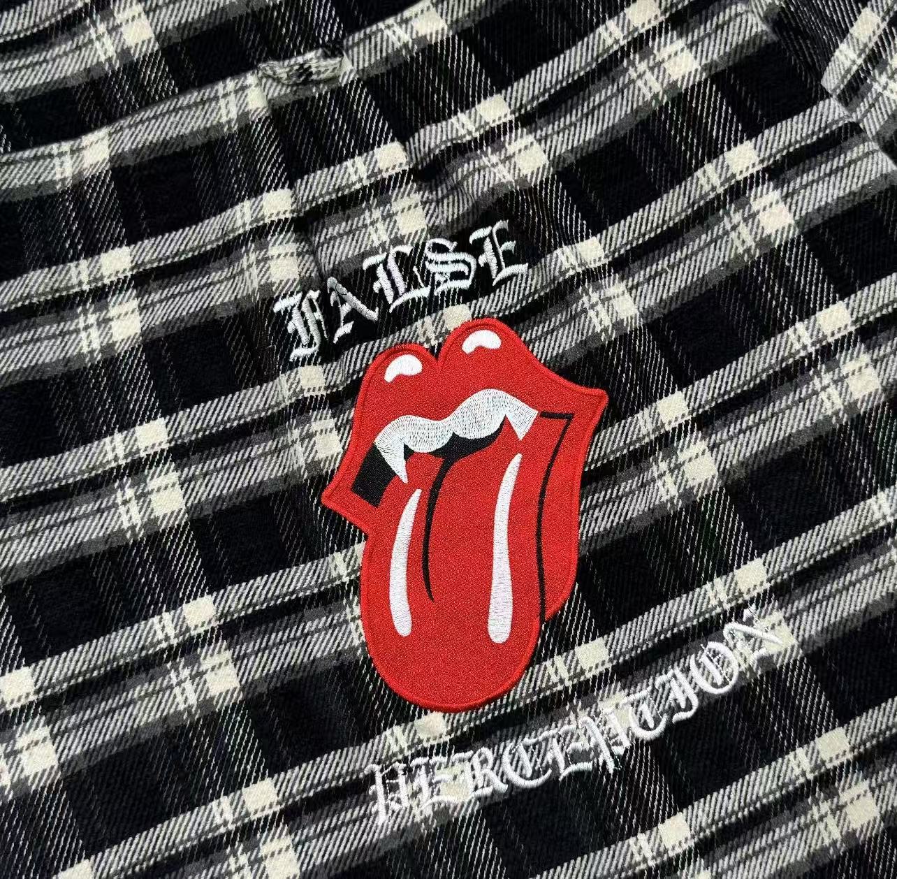 FALSE PERCEPTION Plaid Graphic Distressed Shirt