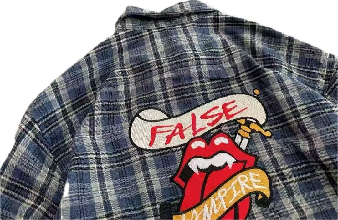 FALSE PERCEPTION Plaid Embroidered Graphic Shirt