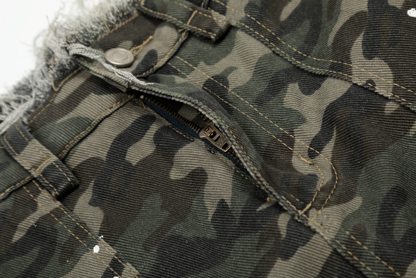 CapCabin Camo Distressed Utility Denim Shorts