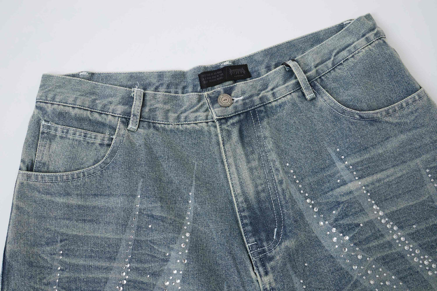 CapCabin Rhinestone Wash Denim Shorts