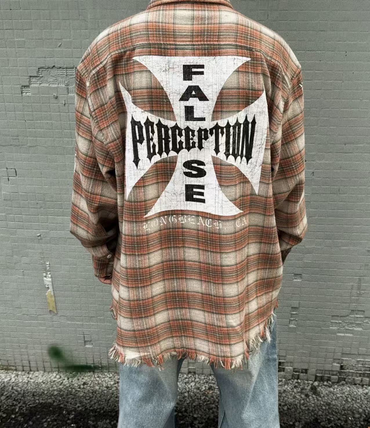 MIXED EMOTION Plaid Graphic Distressed Shirt
