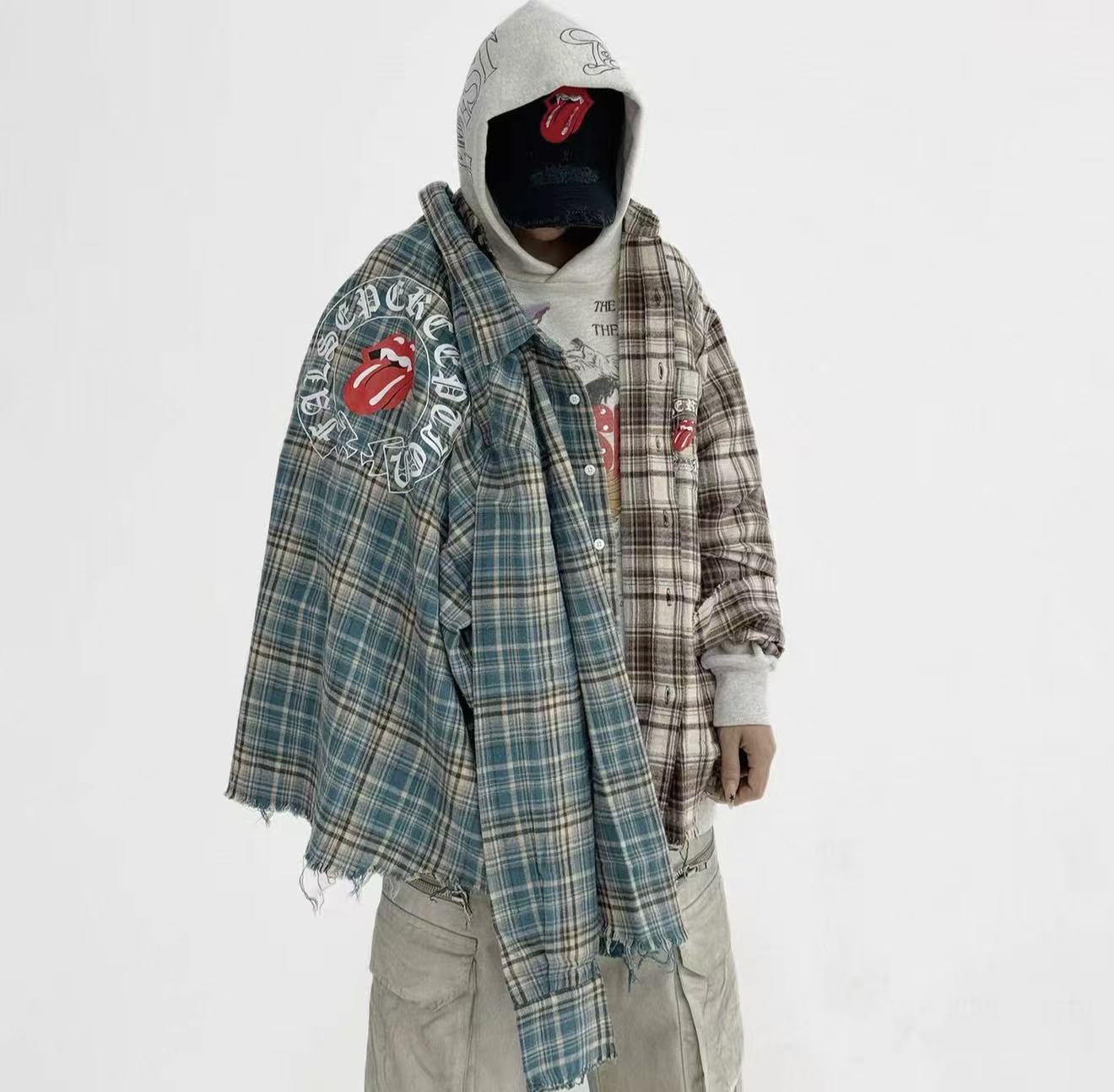 Vintage Plaid Graphic Frayed Hem Shirt
