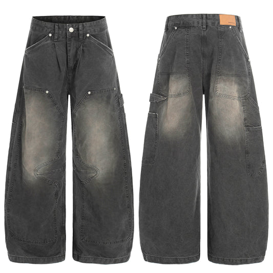 CapCabin Washed Utility Wide-Leg Denim Pants