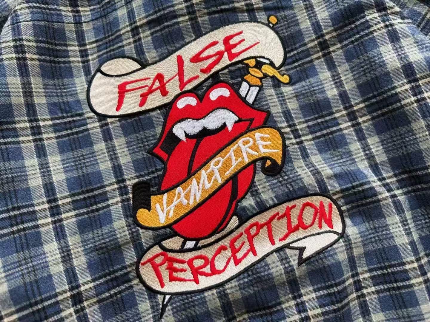 FALSE PERCEPTION Plaid Embroidered Graphic Shirt