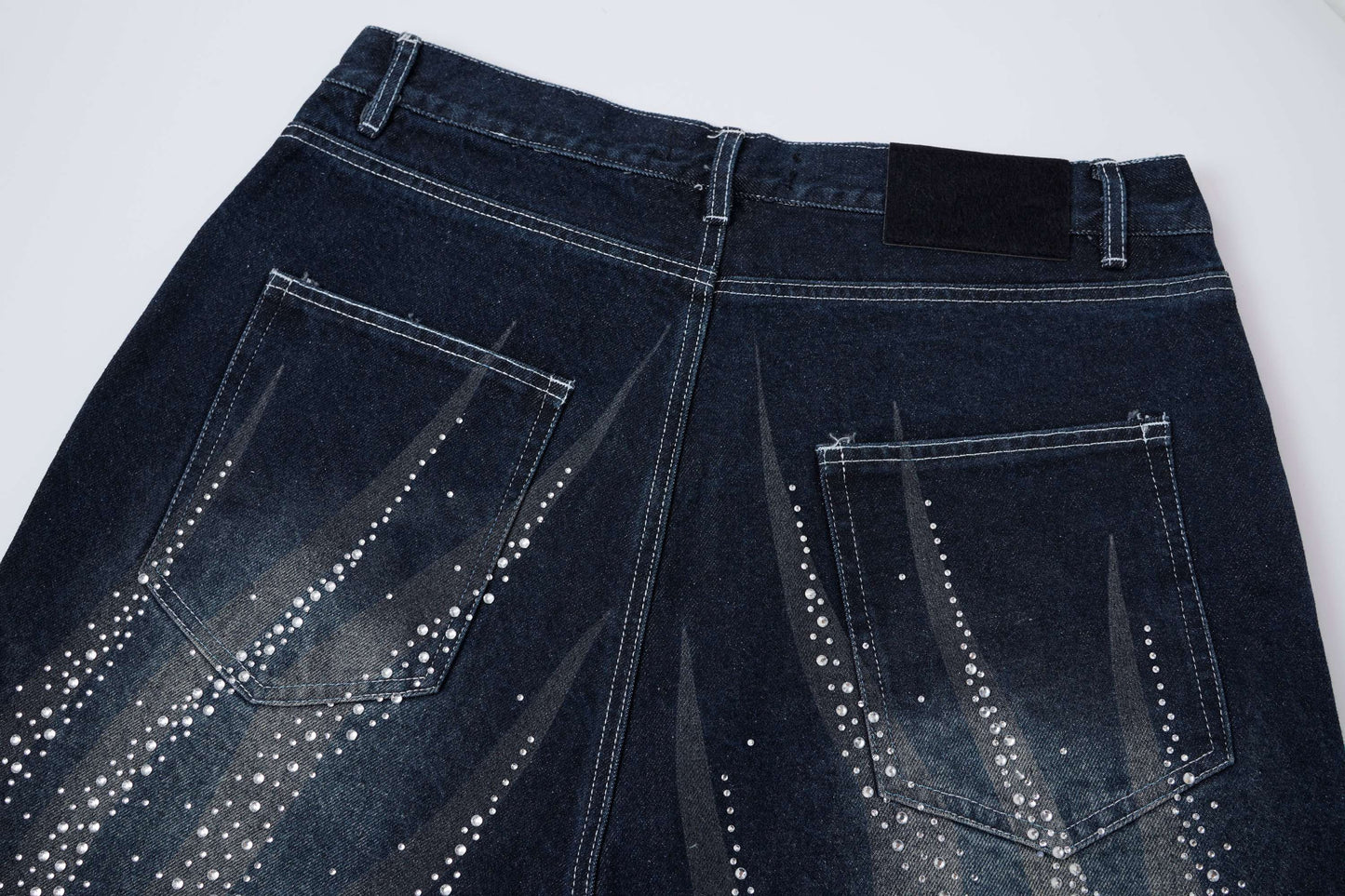 CapCabin Rhinestone Wash Denim Shorts