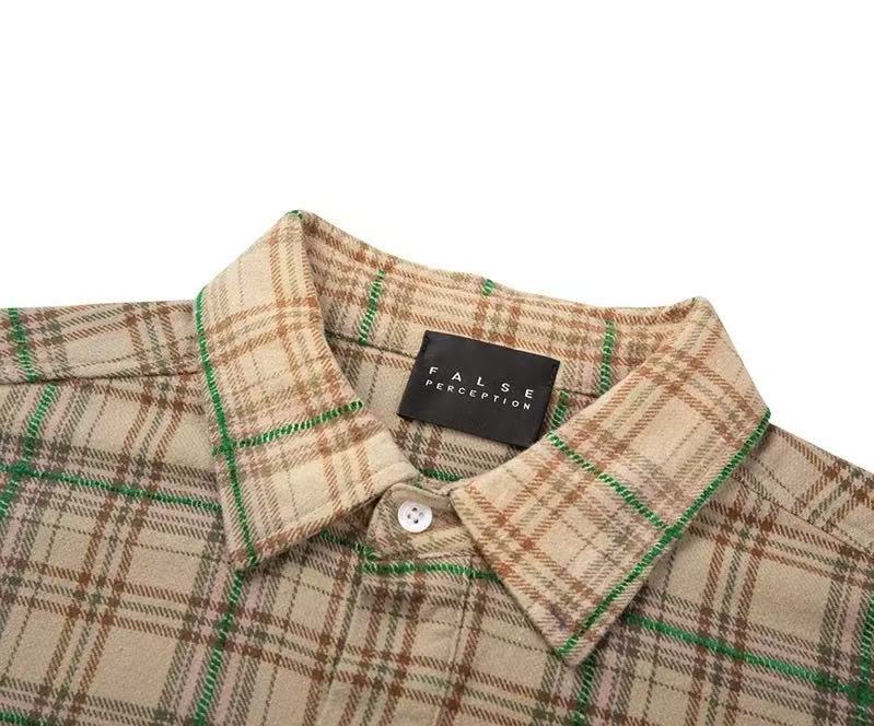 FALSE PERCEPTION Plaid Graphic Frayed Hem Shirt