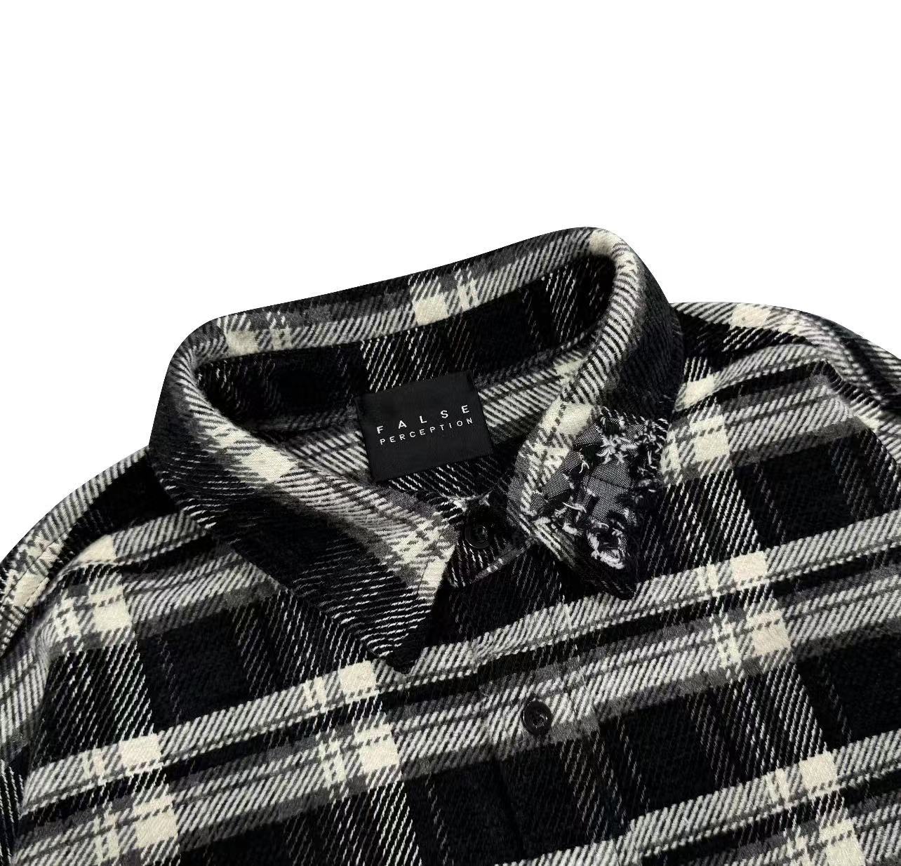 FALSE PERCEPTION Plaid Graphic Distressed Shirt