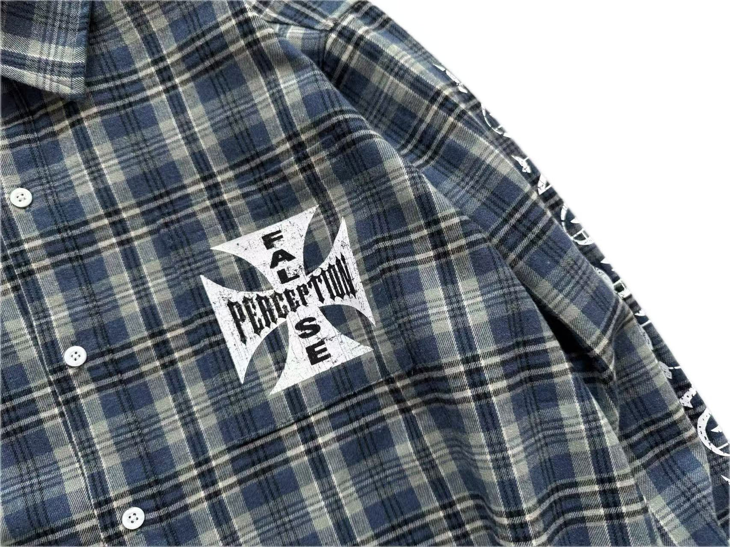 FALSE PERCEPTION Blue Plaid Embroidered Overshirt