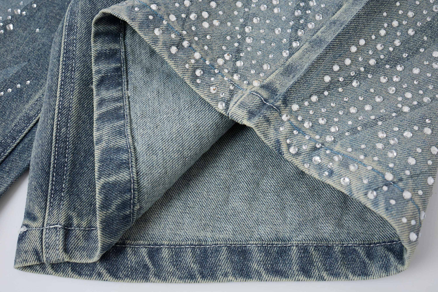 CapCabin Rhinestone Wash Denim Shorts