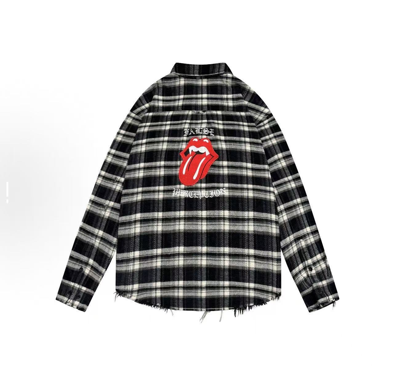 FALSE PERCEPTION Plaid Graphic Distressed Shirt